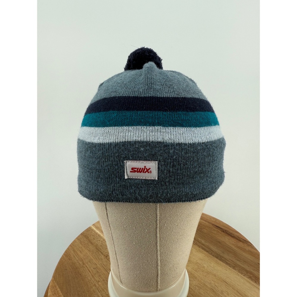 SWIX Striped Knit‎ Pom Beanie Hat Adult Unisex Gray Teal Navy Blue